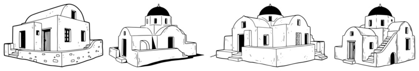 Traditional Greek church buildings with cycladic architecture and white domes in black and white line art style © AnjaliDesai