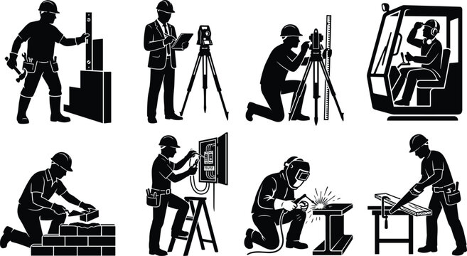 Construction workers silhouettes set featuring surveyor engineer electrician bricklayer welder carpenter and heavy equipment operator isolated on white background