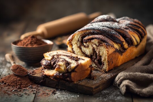Artisan-style chocolate babka loaf on a wooden board, dusted with powdered sugar