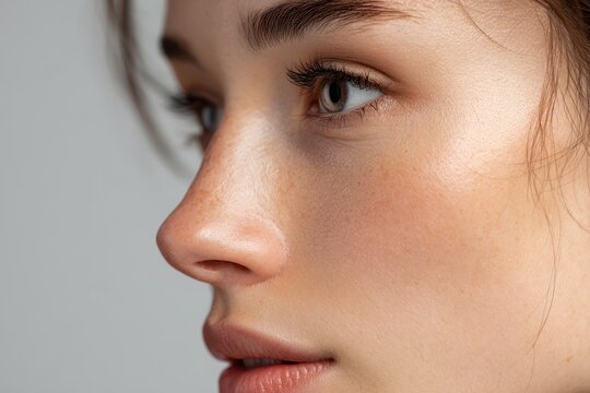 Macro profile portrait of a young woman showing subtle eye protrusion and facial edema related to thyroid eye disease