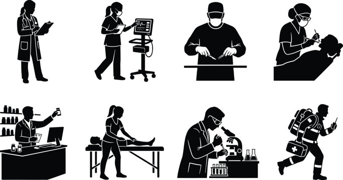 Medical staff silhouettes set featuring doctor nurse surgeon dentist pharmacist physiotherapist scientist and paramedic isolated on white background