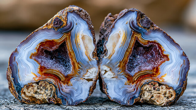Quartz geode pair showing halved thunderegg agate exterior and sparkling druzy chalcedony interior crystal lining, nodular chert formation, mineralogical specimen backlit documentation .ultra photor