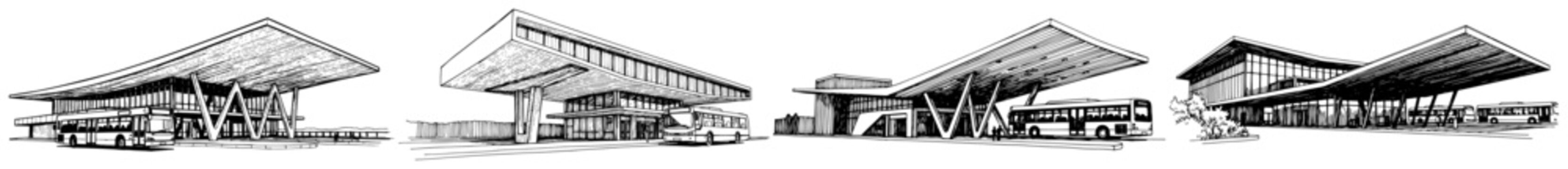 Modern bus terminal collection with contemporary transit station architecture and cantilevered roof designs in black and white line art style