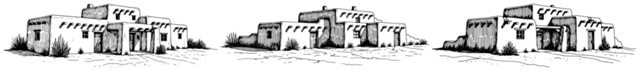 Pueblo style adobe house set featuring southwestern architectural designs in black and white line art style © AnjaliDesai