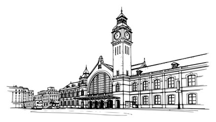 Obraz premium Historic train station featuring grand architectural facade and clock tower in black and white line art style