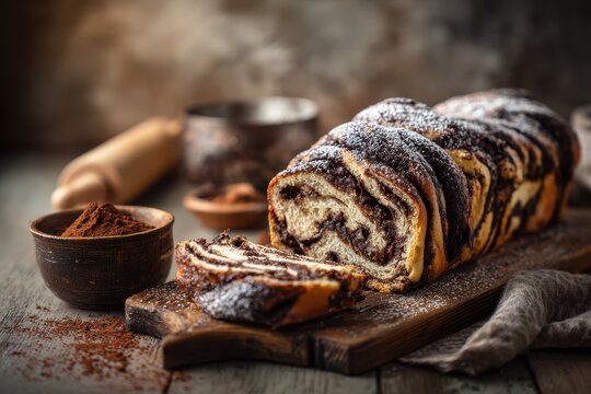 Sweet chocolate babka loaf on a rustic wooden board in warm kitchen light