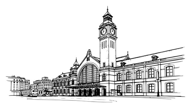 Historic train station featuring grand architectural facade and clock tower in black and white line art style