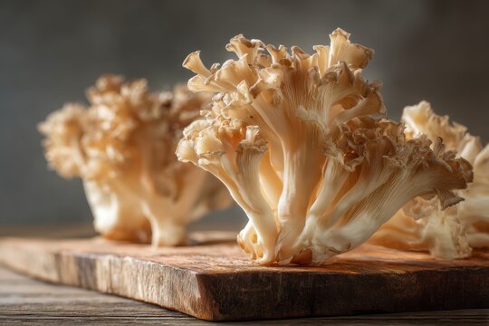 Close-Up of Raw Organic Maitake Mushrooms on a Wooden Cutting Board