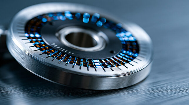 Rotary encoder disk with optical grid slots glistening under macro diffused illumination, incremental tick marks etched into anodized aluminum hub, precision bearing race visible at center, industri