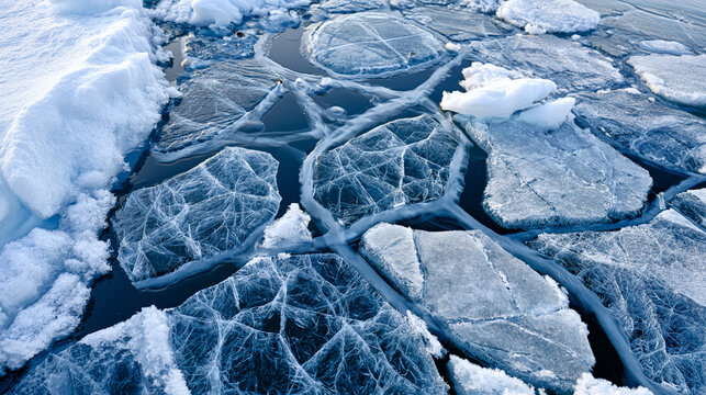 Sea ice brash field aerial, frazil crystal and pancake ice formation mosaic, nilas film connecting floes, brine channel network visible in overcast diffuse polar light, oceanographic ice formation d