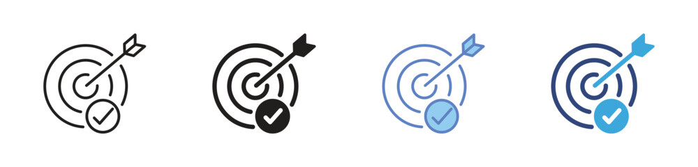 Target checkmark icons set, Goal achievement symbols, Success target icons, Completed objective signs, Verified aim vector icons © Kamrul