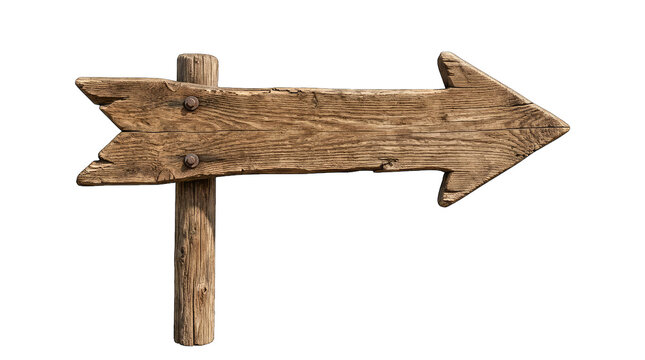 Rustic wooden signpost pointing right weathered texture isolated on transparent background for design and compositing projects