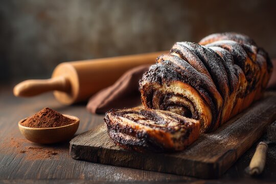 Homemade chocolate babka bread with braided swirls, ready for a cozy breakfast