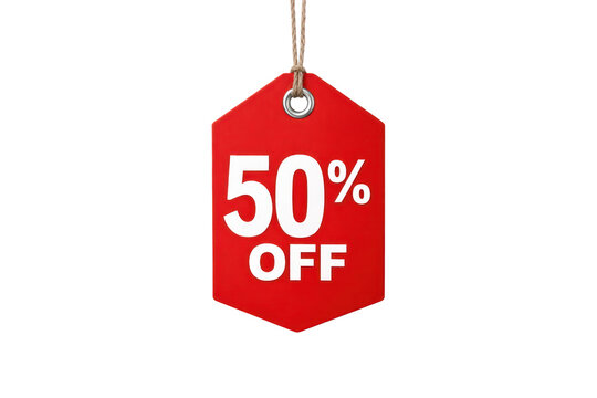 Red 50% off sale tag with string, retail discount label, promotional price reduction signage for marketing campaigns isolated PNG with Transparent Background