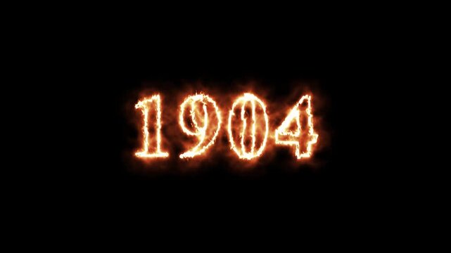 Animated glowing number 1904 with realistic fire and flame effects on a dark background. Perfect for countdowns, year transitions, presentations, and motion graphics projects.