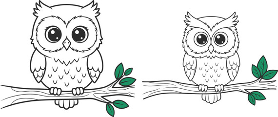 Owl coloring pages for kids educational colorful owls on branches with leaves