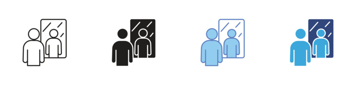 Mirror reflection icons set, Self awareness symbols, Personal reflection icons, Identity contemplation signs, Introspection concept vector icons