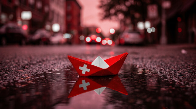 Paper boat with Switzerland flag floating in wet city road puddle