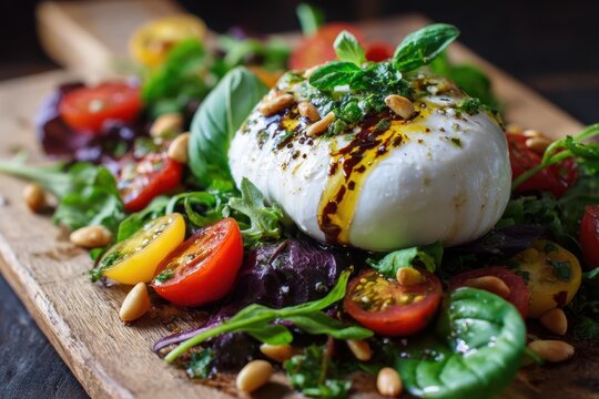 Gourmet burrata plate with olive oil drizzle and balsamic glaze