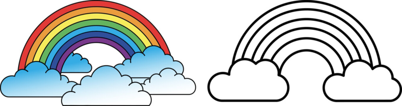Rainbow color page and outline illustration printable kids activity for coloring and educational use