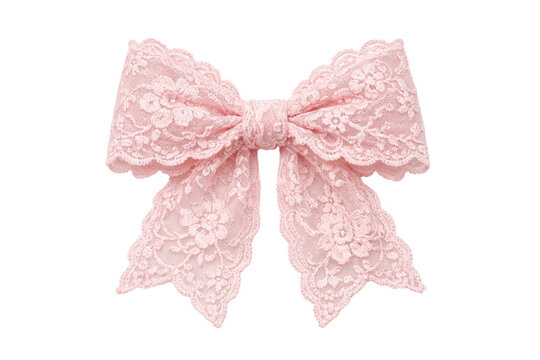Pink lace bow with satin ribbon tails, romantic decorative fabric knot, feminine gift wrap and wedding accessory detail isolated PNG with Transparent Background