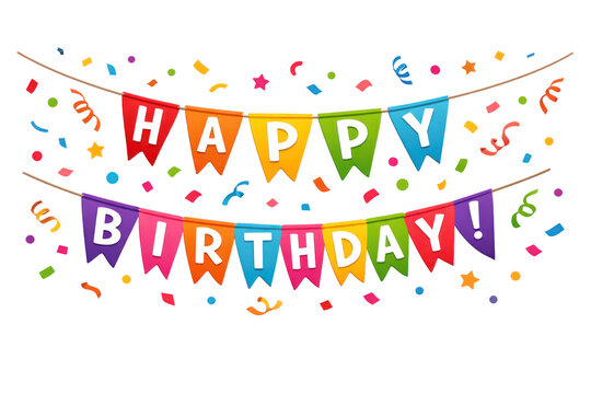 Colorful happy birthday party banner illustration, festive bunting flags with confetti, bright celebration greeting design isolated PNG with Transparent Background