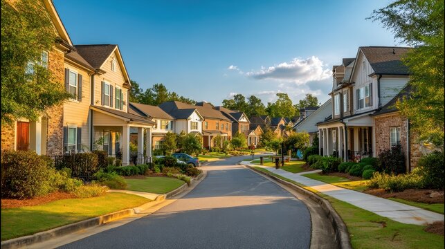 Double cul-de-sac suburban scene with new two-story homes, manicured yards, and a visible pool in a peaceful Atlanta-area neighborhood