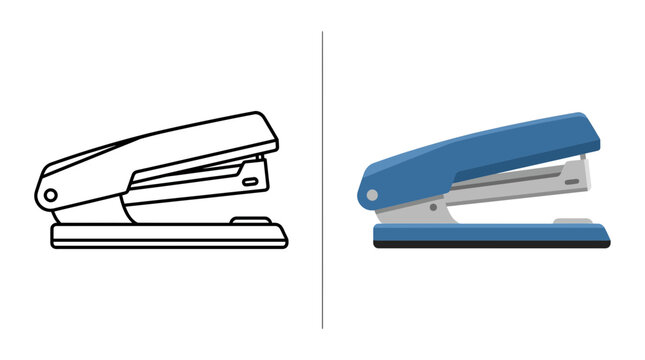 Blue office stapler coloring page and flat icon.