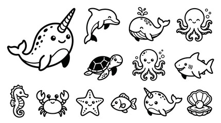 Cute Kawaii Ocean Animals Collection: Narwhal, Dolphin, Whale, Octopus, Shark, Seahorse, Crab © jambu
