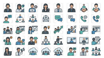 Obraz premium Business People Icons: Teamwork, Meeting, Communication, Strategy, Success