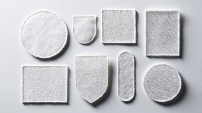 Flat lay of blank embroidered patches in round, square, and shield shapes on white background