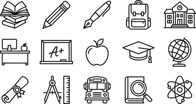 Education icon set books school supplies and academic symbols line art