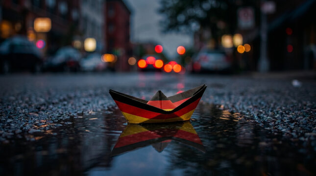 Paper boat with Germany flag colors floating in street water puddle