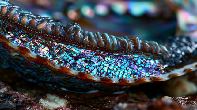 Abalone Haliotis shell interior nacre surface, aragonite crystal platelet mosaic producing structural interference coloration, epipodium tentacle assembly along shell mantle edge, respiratory pore s