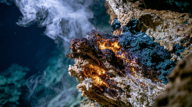 Abyssal hydrothermal vent chimney structure, sulfide mineral chimney with black smoker particulate plume, temperature gradient shimmering distortion visible, chemosynthetic microbial mat coating ext