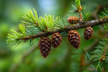 Fototapeta premium Detailed photograph of a Douglas fir branch with cones and textured needles
