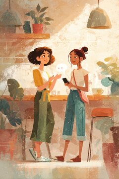 Warm illustration of two diverse friends exchanging a digital friend request in a cozy cafe
