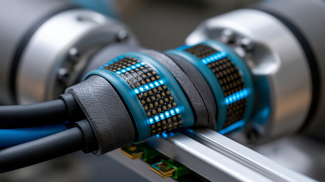 Collaborative robot proximity bumper sensor strip with soft elastomer contact surface wrapped around cylindrical link, embedded capacitive sensing grid visible through translucent silicone skin, con