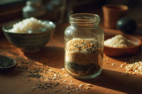 Close-up still life of furikake topping in a clear jar, sesame seeds and dried seaweed