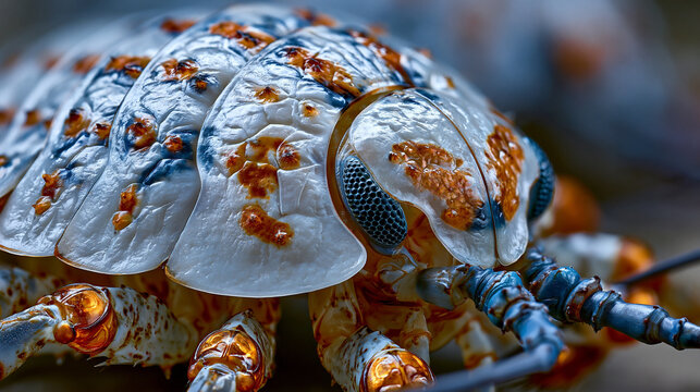 Deep sea isopod Bathynomus chitinous exoskeleton dorsal macro, segmental tergite plate array with compound eye facet detail, decapod appendage articulation joints revealed under diffuse cold light, 