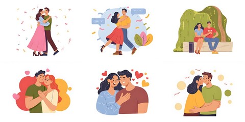 Fototapeta premium Cartoon couples in various romantic poses and settings