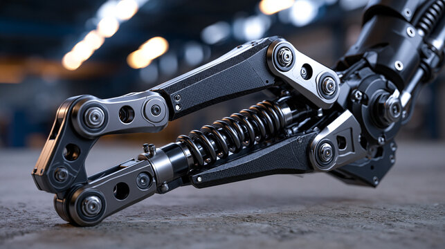 Exoskeleton knee joint actuator with titanium pivot brackets and carbon composite linkage arms, hydraulic tension spring coiled between articulated segments, mechanical engineering detail study on r