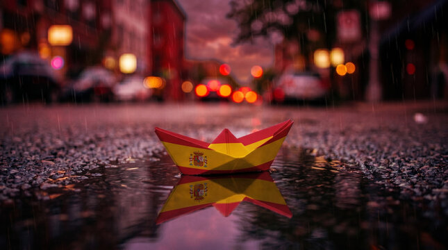 Paper boat with Spain flag colors floating in street water puddle