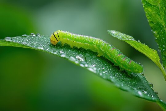 Close-up photograph of an inchworm on a dew-speckled leaf in natural light