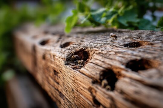 Close-up of carpenter bee damage on a weathered wooden fence with round holes and sawdust