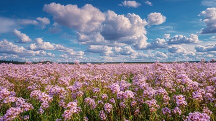 Obraz premium Blooming buckwheat field under a blue summer sky with scattered clouds