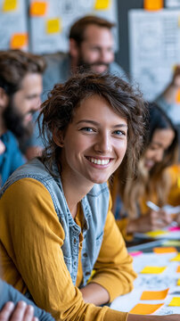 Young woman smiling, collaborating with diverse team during creative business meeting and project planning