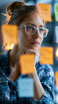 Woman manager analyzing tasks on a kanban board, planning agile project work in a modern office