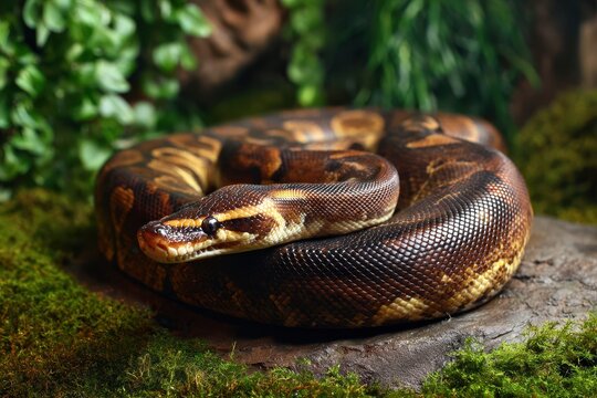 Close-up photograph of a ball python coiled on a warm rock in a tropical terrarium