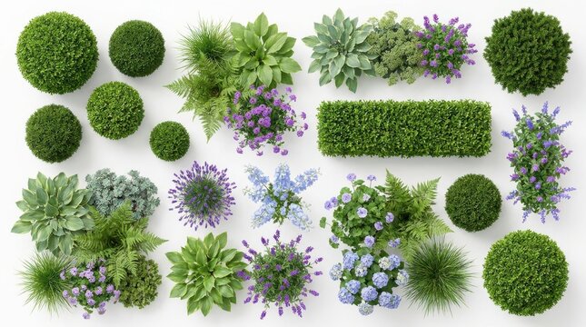 Top view collection of garden plants flowers and shrubs for landscape design.